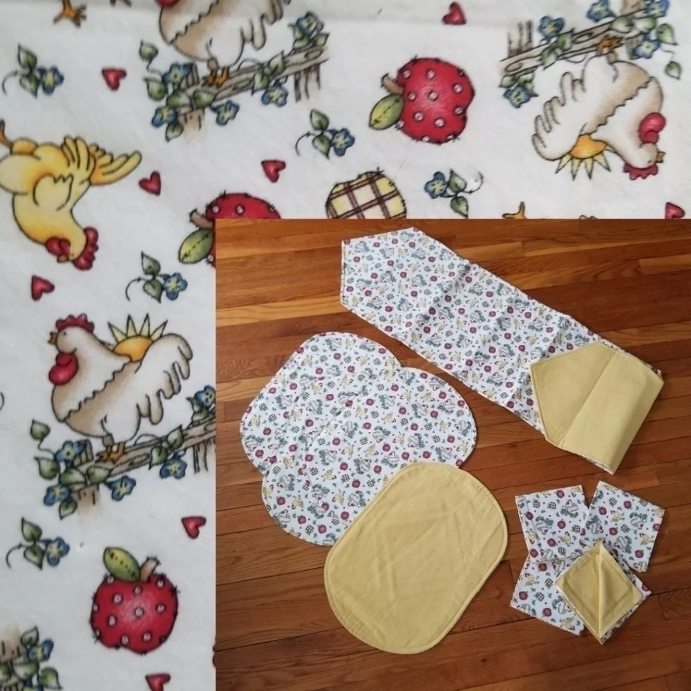Place Mat Table Runner Napkins Chickens Farm Apples Print Hearts Handmade Set 4